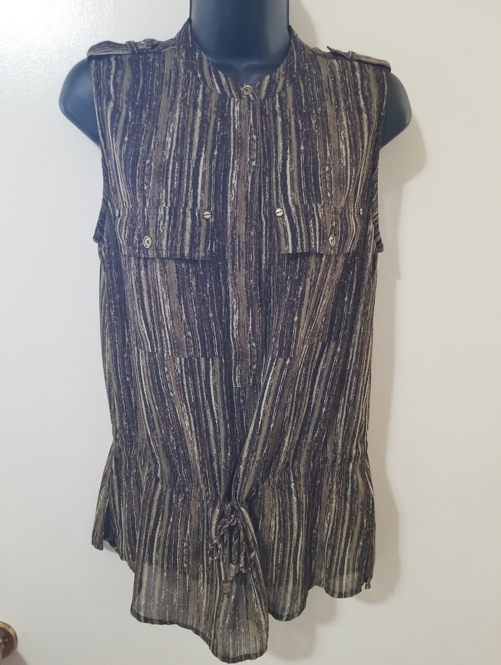 Michael Michael Kors Safari Semi sheer Blouse Tie Waist Brass tone accents 4